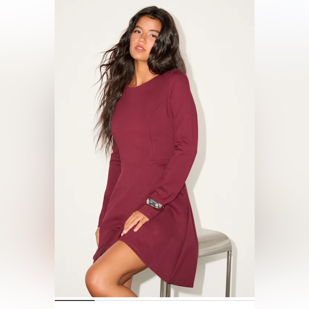 NWOT Lulus Forever Chic Burgundy Long Sleeve Fit-and-Flare Dress - Picture 7 of 11